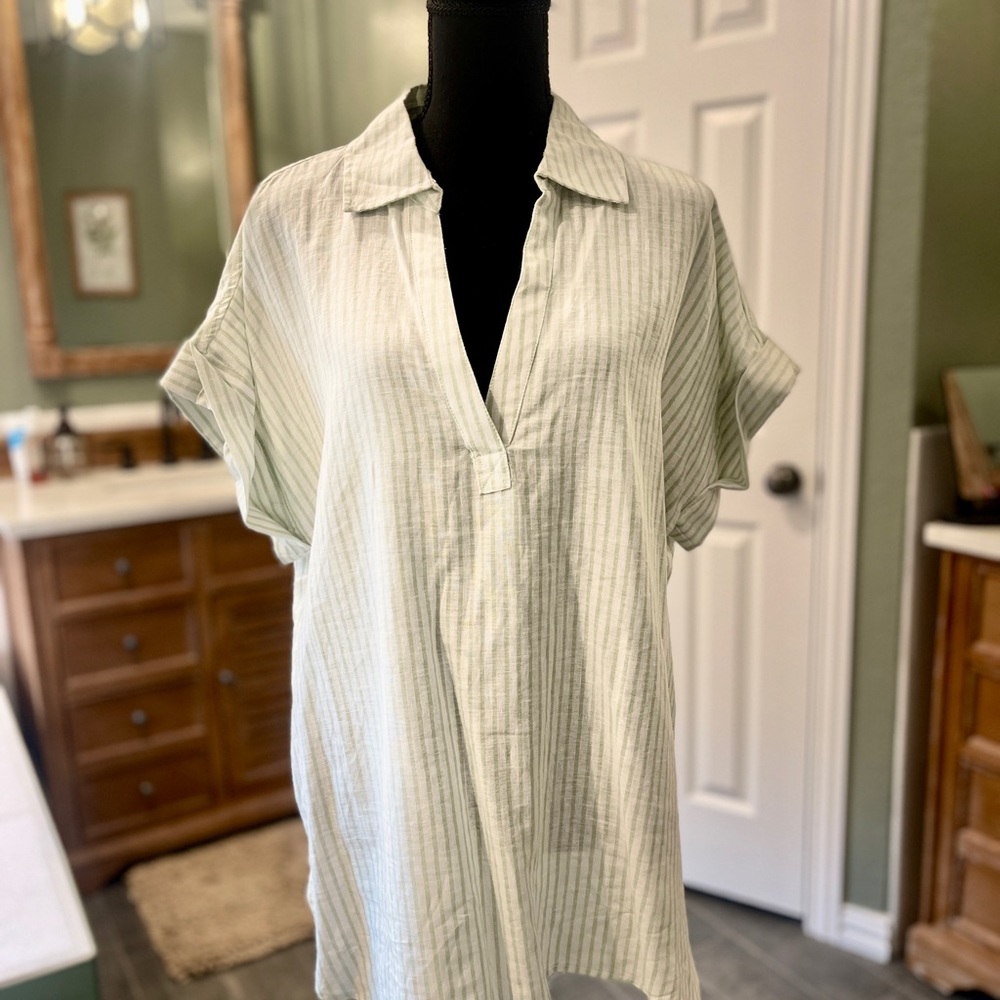 White and sage green striped blouse